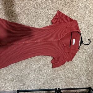 Red Ribbed Button-Down Dress